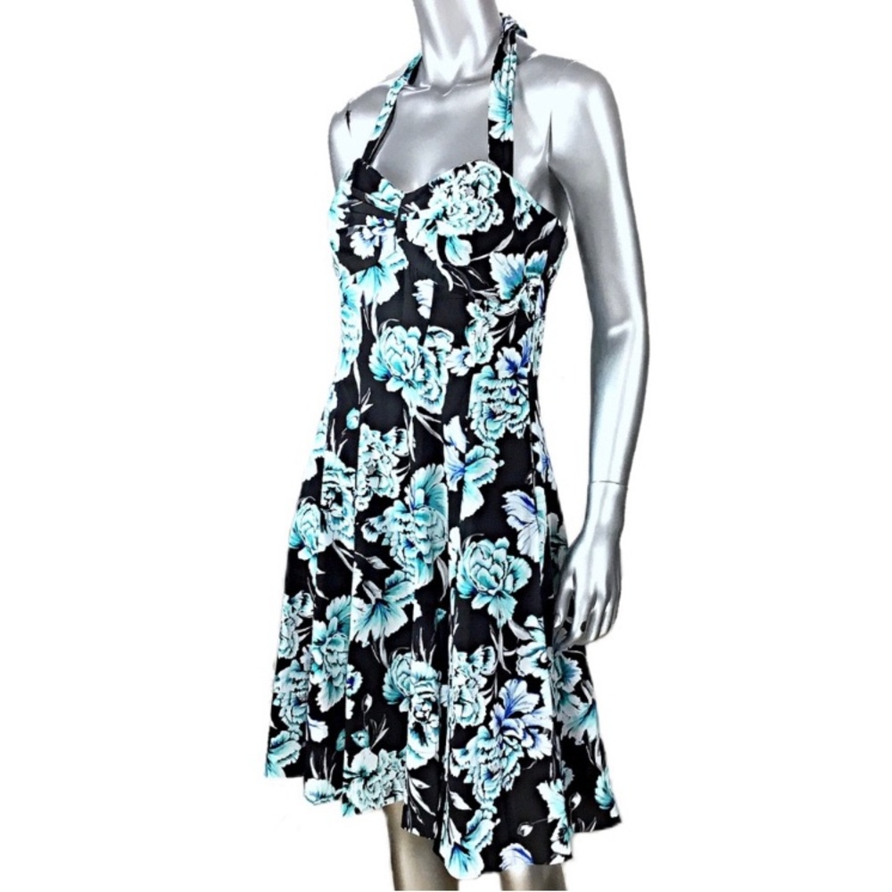 WHBM Black Floral Fit & Flare Halter Sundress Sz 8